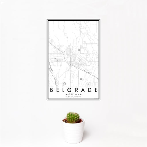 12x18 Belgrade Montana Map Print Portrait Orientation in Classic Style With Small Cactus Plant in White Planter