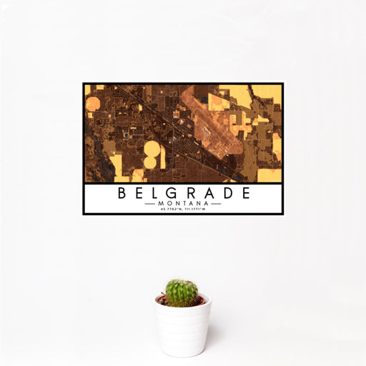 12x18 Belgrade Montana Map Print Landscape Orientation in Ember Style With Small Cactus Plant in White Planter