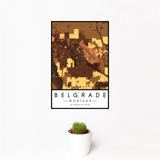 12x18 Belgrade Montana Map Print Portrait Orientation in Ember Style With Small Cactus Plant in White Planter
