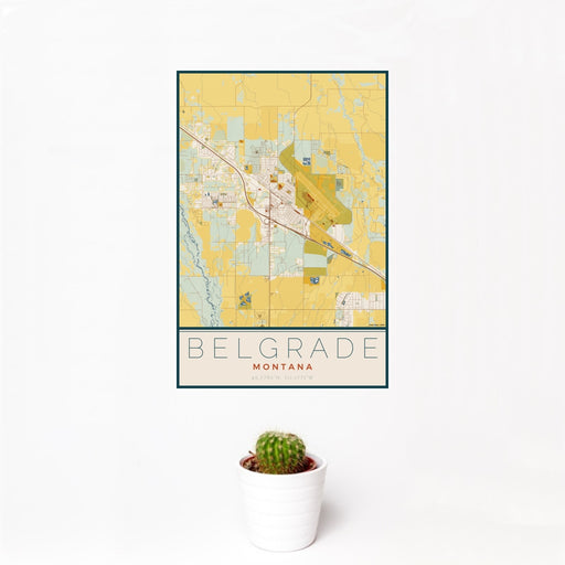 12x18 Belgrade Montana Map Print Portrait Orientation in Woodblock Style With Small Cactus Plant in White Planter
