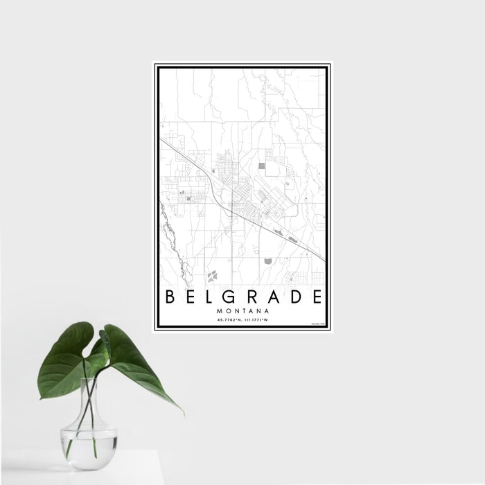 16x24 Belgrade Montana Map Print Portrait Orientation in Classic Style With Tropical Plant Leaves in Water