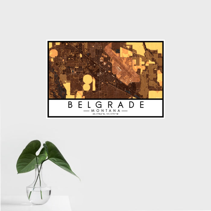 16x24 Belgrade Montana Map Print Landscape Orientation in Ember Style With Tropical Plant Leaves in Water