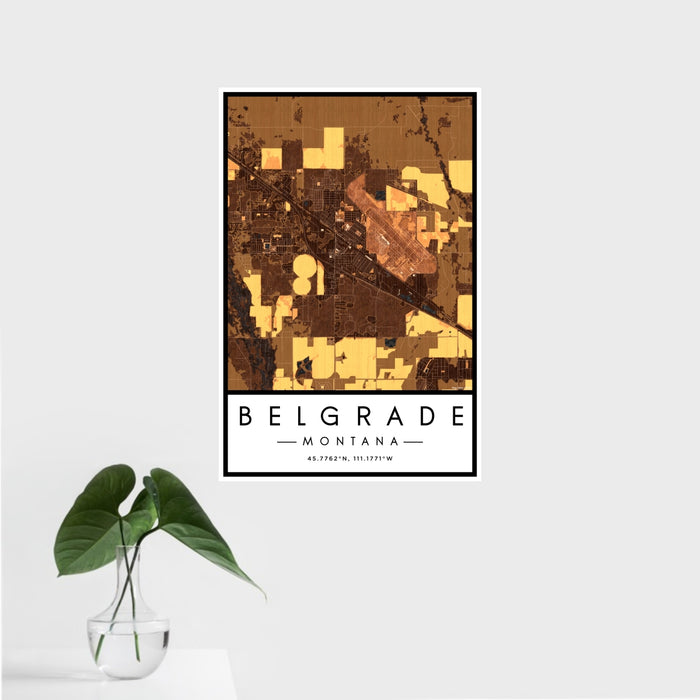 16x24 Belgrade Montana Map Print Portrait Orientation in Ember Style With Tropical Plant Leaves in Water