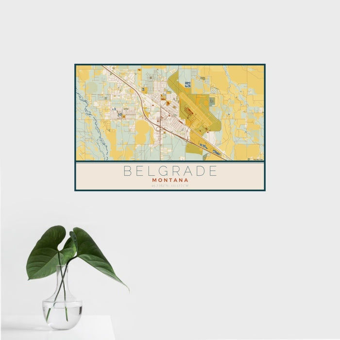 16x24 Belgrade Montana Map Print Landscape Orientation in Woodblock Style With Tropical Plant Leaves in Water