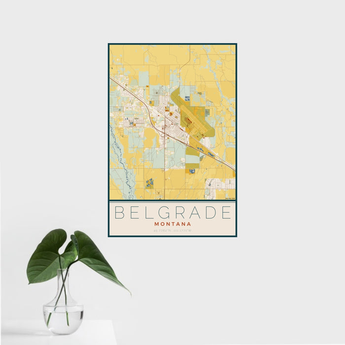 16x24 Belgrade Montana Map Print Portrait Orientation in Woodblock Style With Tropical Plant Leaves in Water