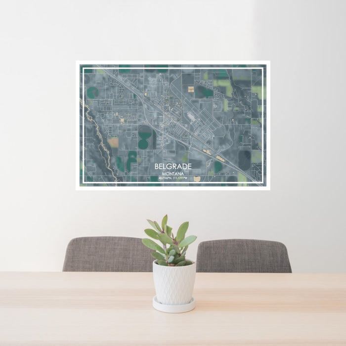 24x36 Belgrade Montana Map Print Lanscape Orientation in Afternoon Style Behind 2 Chairs Table and Potted Plant