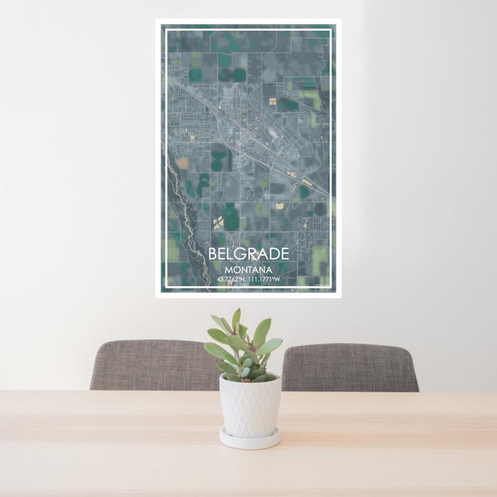 24x36 Belgrade Montana Map Print Portrait Orientation in Afternoon Style Behind 2 Chairs Table and Potted Plant
