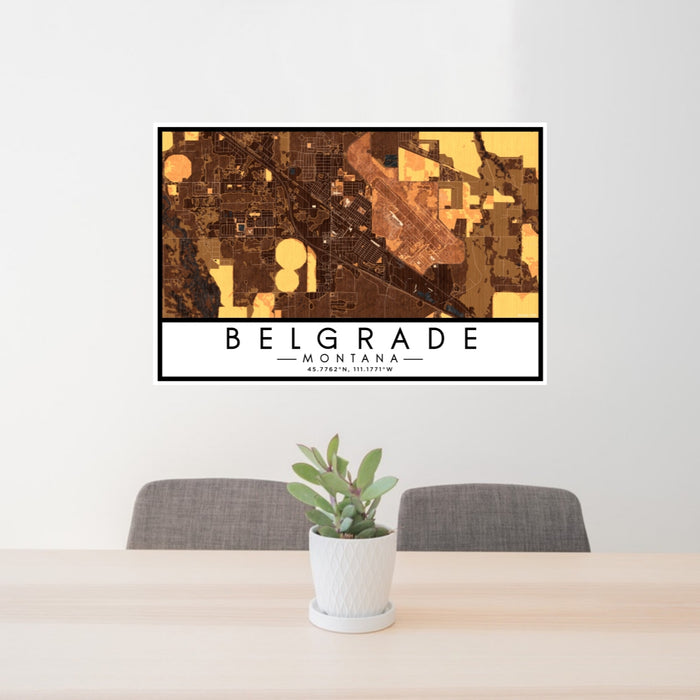 24x36 Belgrade Montana Map Print Lanscape Orientation in Ember Style Behind 2 Chairs Table and Potted Plant