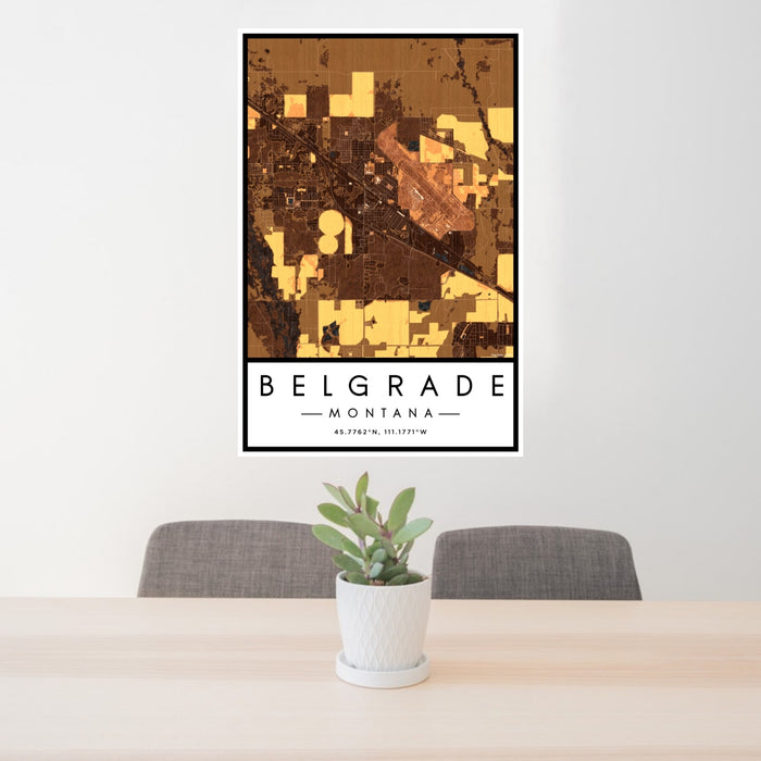 24x36 Belgrade Montana Map Print Portrait Orientation in Ember Style Behind 2 Chairs Table and Potted Plant