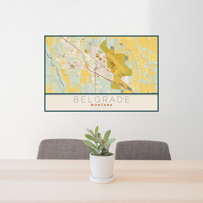24x36 Belgrade Montana Map Print Lanscape Orientation in Woodblock Style Behind 2 Chairs Table and Potted Plant