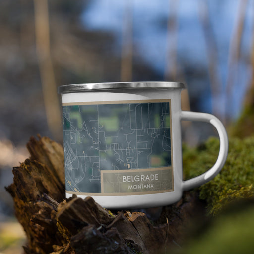 Right View Custom Belgrade Montana Map Enamel Mug in Afternoon on Grass With Trees in Background