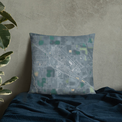 Custom Belgrade Montana Map Throw Pillow in Afternoon on Bedding Against Wall
