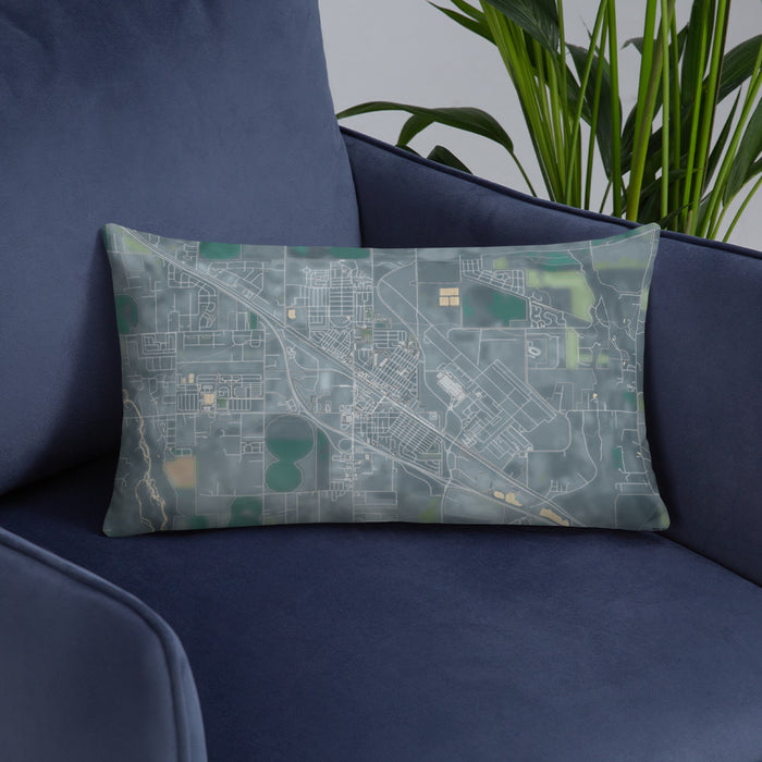 Custom Belgrade Montana Map Throw Pillow in Afternoon on Blue Colored Chair