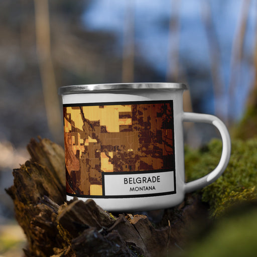 Right View Custom Belgrade Montana Map Enamel Mug in Ember on Grass With Trees in Background