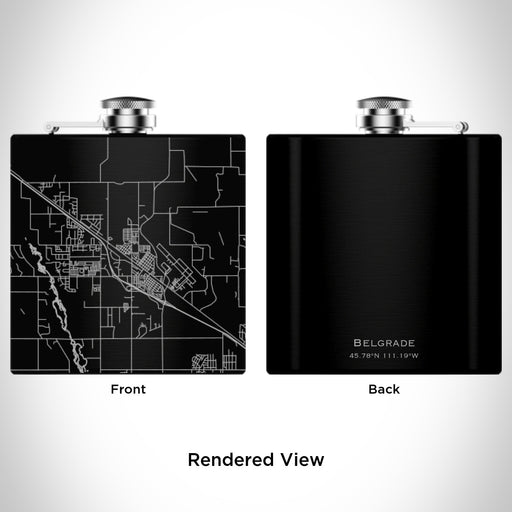 Rendered View of Belgrade Montana Map Engraving on 6oz Stainless Steel Flask in Black