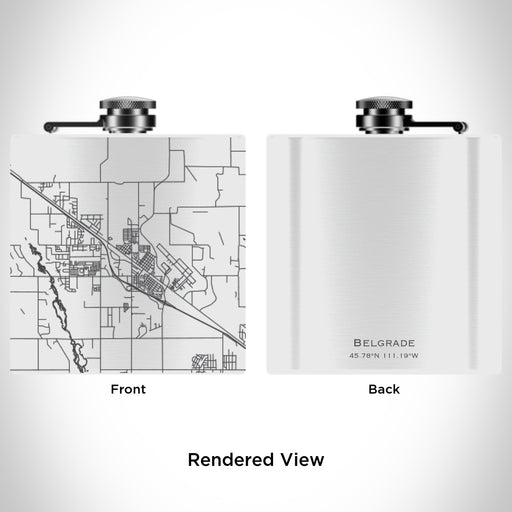 Rendered View of Belgrade Montana Map Engraving on 6oz Stainless Steel Flask in White