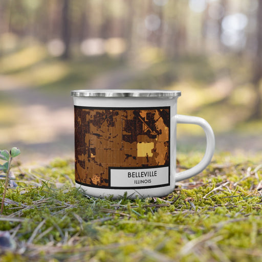 Right View Custom Belleville Illinois Map Enamel Mug in Ember on Grass With Trees in Background