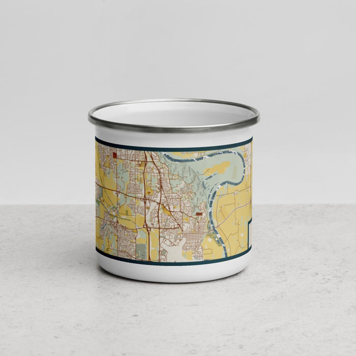 Front View Custom Bellevue Nebraska Map Enamel Mug in Woodblock