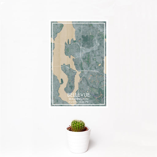 12x18 Bellevue Washington Map Print Portrait Orientation in Afternoon Style With Small Cactus Plant in White Planter