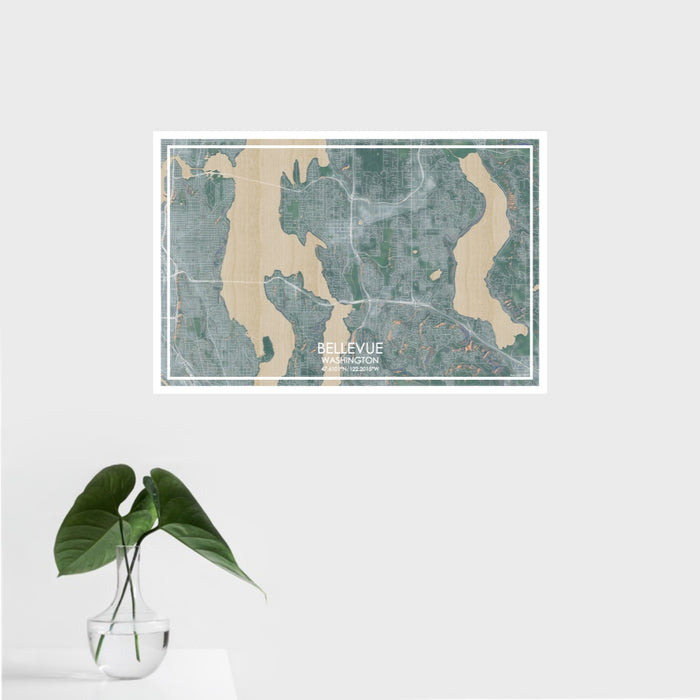 16x24 Bellevue Washington Map Print Landscape Orientation in Afternoon Style With Tropical Plant Leaves in Water