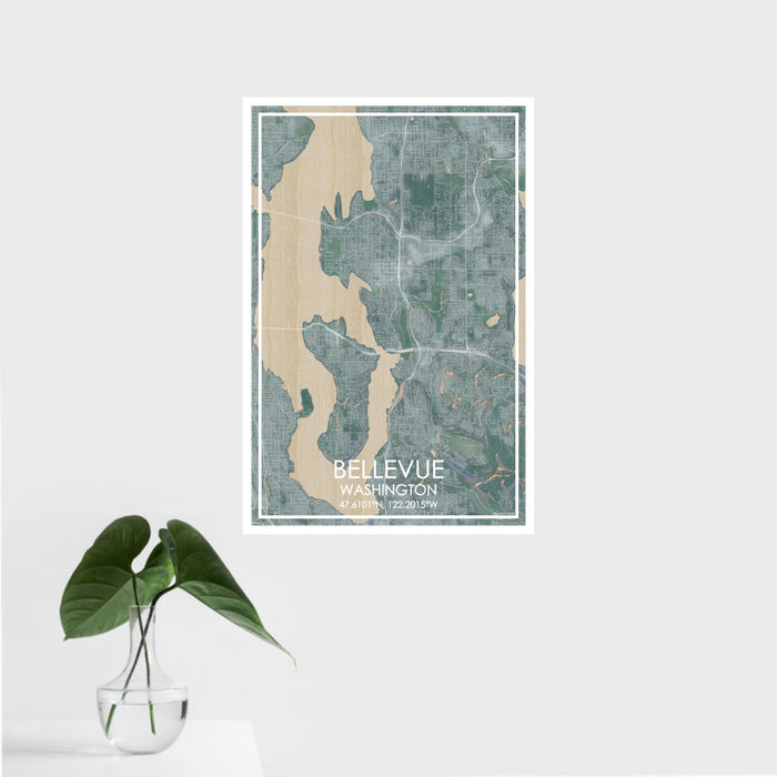 16x24 Bellevue Washington Map Print Portrait Orientation in Afternoon Style With Tropical Plant Leaves in Water