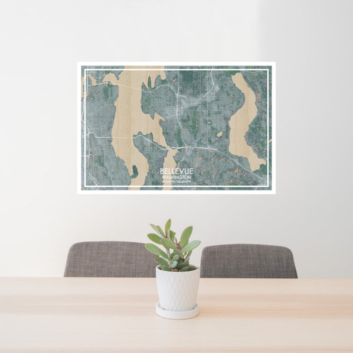 24x36 Bellevue Washington Map Print Lanscape Orientation in Afternoon Style Behind 2 Chairs Table and Potted Plant
