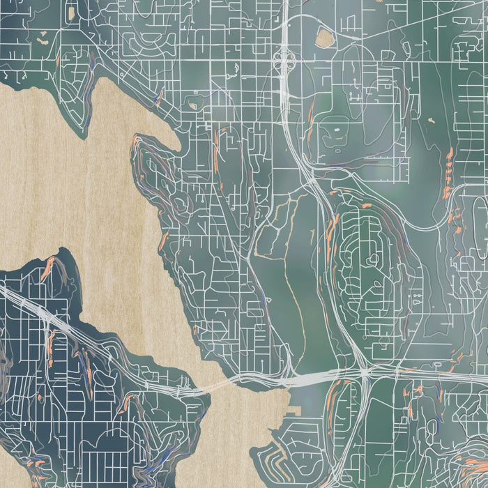Bellevue Washington Map Print in Afternoon Style Zoomed In Close Up Showing Details