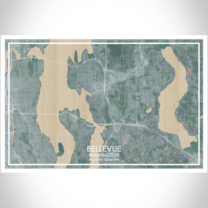 Bellevue Washington Map Print Landscape Orientation in Afternoon Style With Shaded Background