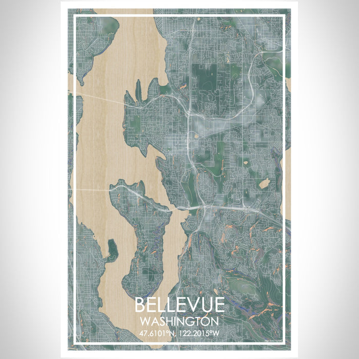 Bellevue Washington Map Print Portrait Orientation in Afternoon Style With Shaded Background