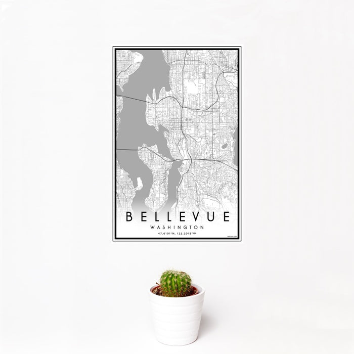 12x18 Bellevue Washington Map Print Portrait Orientation in Classic Style With Small Cactus Plant in White Planter