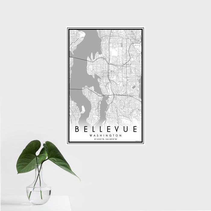 16x24 Bellevue Washington Map Print Portrait Orientation in Classic Style With Tropical Plant Leaves in Water