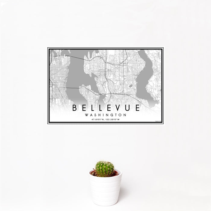 12x18 Bellevue Washington Map Print Landscape Orientation in Classic Style With Small Cactus Plant in White Planter