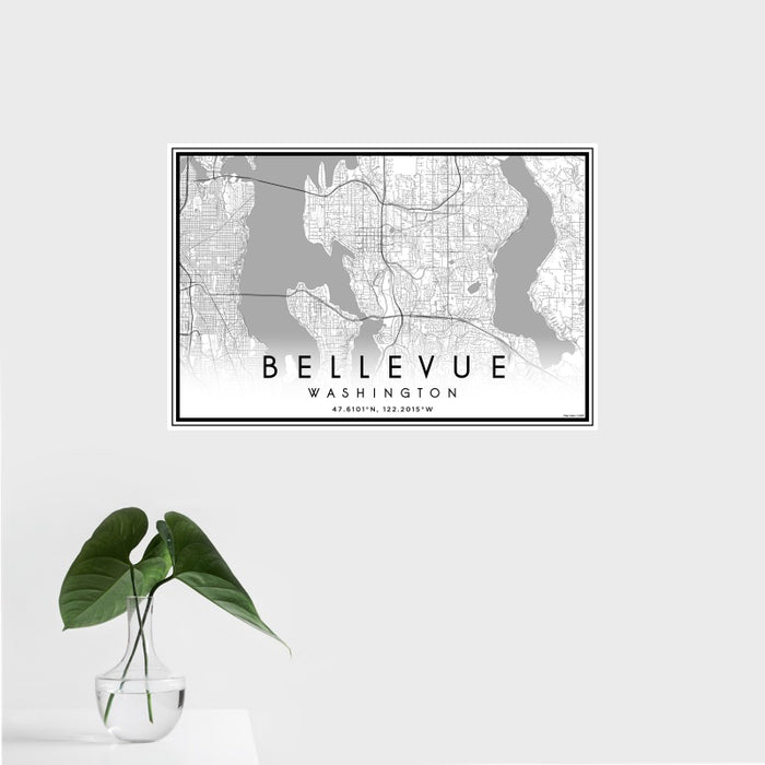 16x24 Bellevue Washington Map Print Landscape Orientation in Classic Style With Tropical Plant Leaves in Water