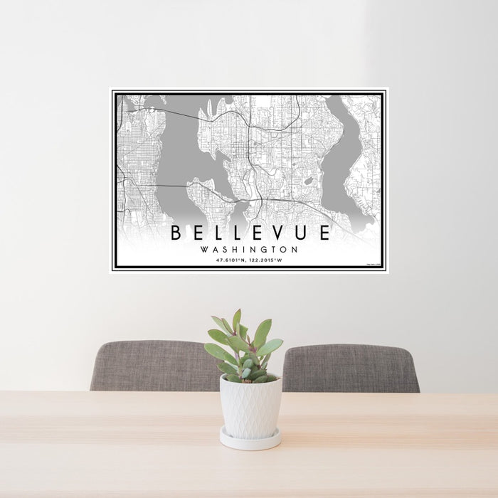 24x36 Bellevue Washington Map Print Landscape Orientation in Classic Style Behind 2 Chairs Table and Potted Plant