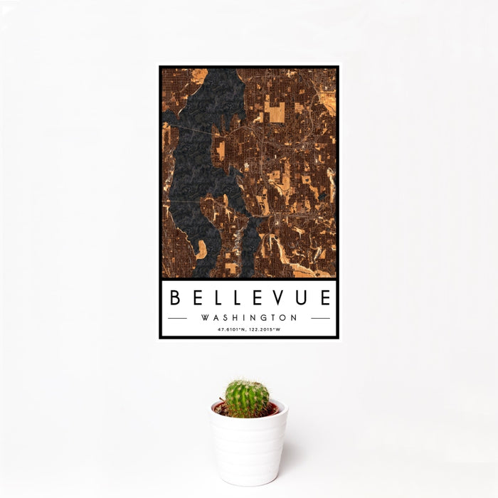 12x18 Bellevue Washington Map Print Portrait Orientation in Ember Style With Small Cactus Plant in White Planter