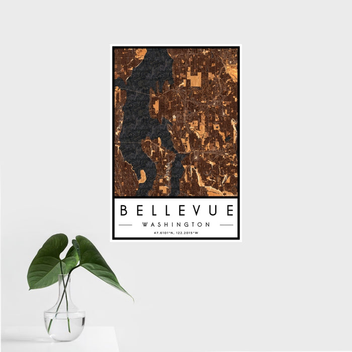 16x24 Bellevue Washington Map Print Portrait Orientation in Ember Style With Tropical Plant Leaves in Water