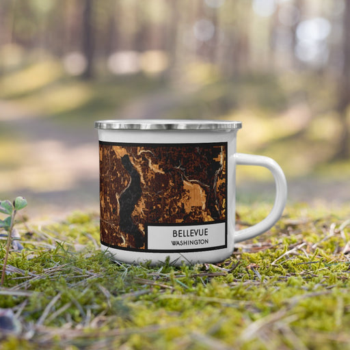 Right View Custom Bellevue Washington Map Enamel Mug in Ember on Grass With Trees in Background