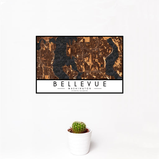 12x18 Bellevue Washington Map Print Landscape Orientation in Ember Style With Small Cactus Plant in White Planter
