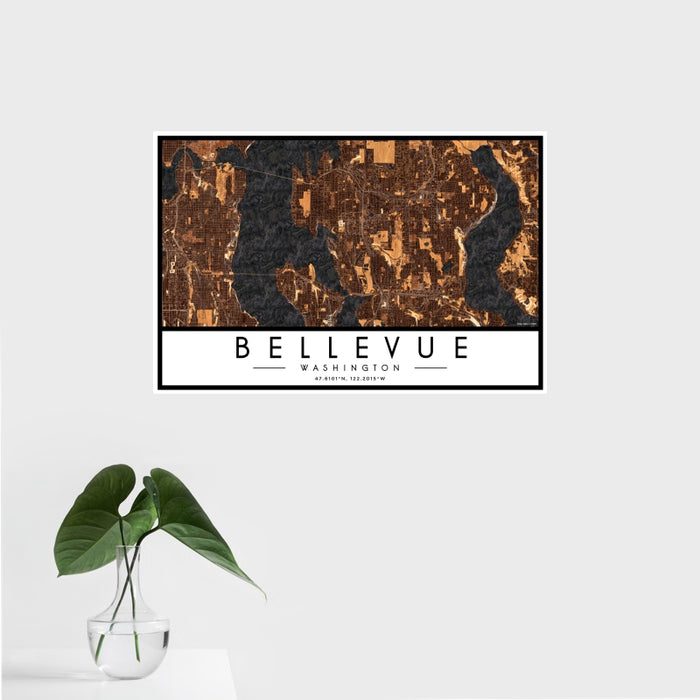 16x24 Bellevue Washington Map Print Landscape Orientation in Ember Style With Tropical Plant Leaves in Water