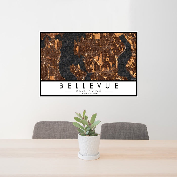 24x36 Bellevue Washington Map Print Landscape Orientation in Ember Style Behind 2 Chairs Table and Potted Plant