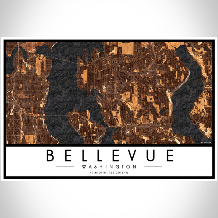 Bellevue Washington Map Print Landscape Orientation in Ember Style With Shaded Background
