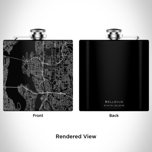 Rendered View of Bellevue Washington Map Engraving on 6oz Stainless Steel Flask in Black