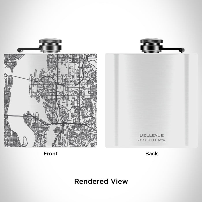 Rendered View of Bellevue Washington Map Engraving on 6oz Stainless Steel Flask in White