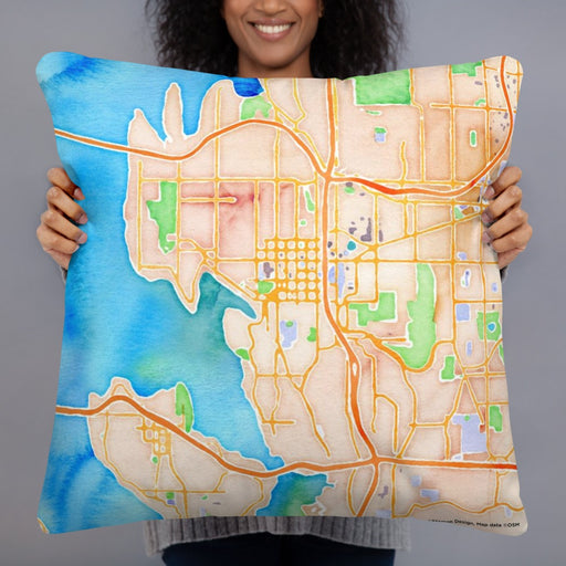 Person holding 22x22 Custom Bellevue Washington Map Throw Pillow in Watercolor