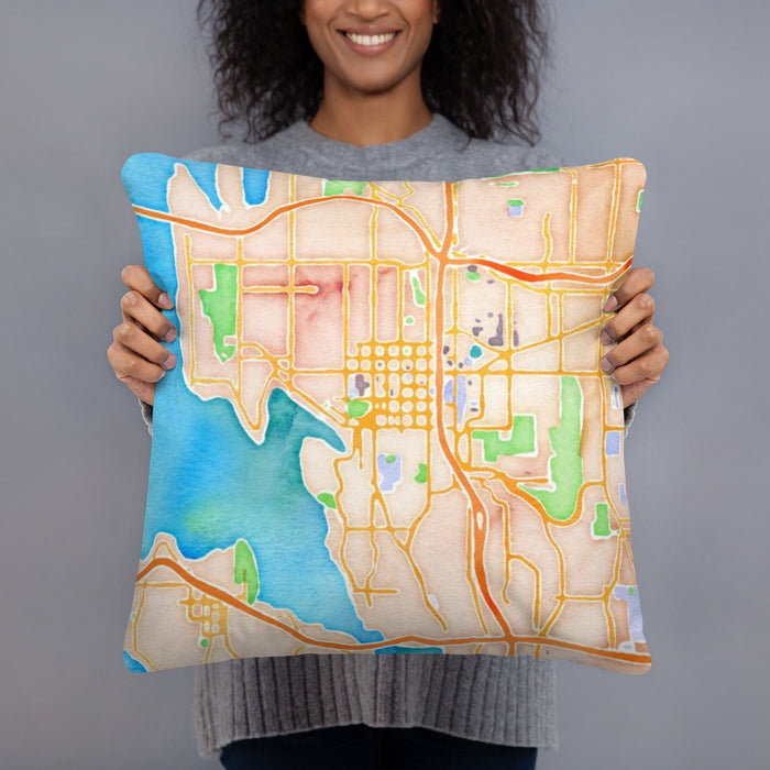 Person holding 18x18 Custom Bellevue Washington Map Throw Pillow in Watercolor