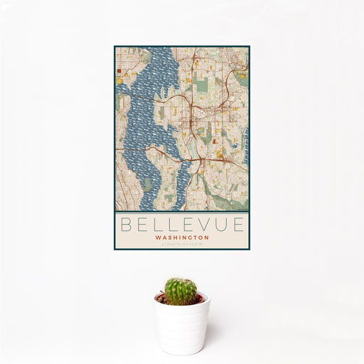 12x18 Bellevue Washington Map Print Portrait Orientation in Woodblock Style With Small Cactus Plant in White Planter