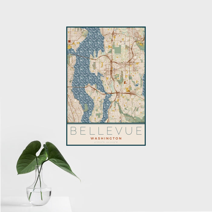 16x24 Bellevue Washington Map Print Portrait Orientation in Woodblock Style With Tropical Plant Leaves in Water