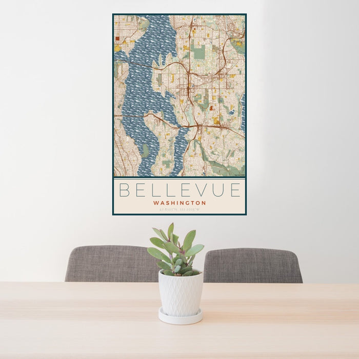 24x36 Bellevue Washington Map Print Portrait Orientation in Woodblock Style Behind 2 Chairs Table and Potted Plant