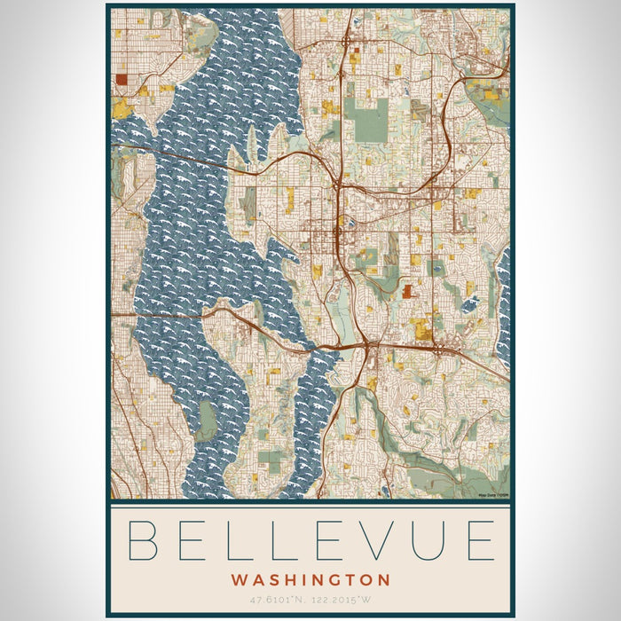 Bellevue Washington Map Print Portrait Orientation in Woodblock Style With Shaded Background
