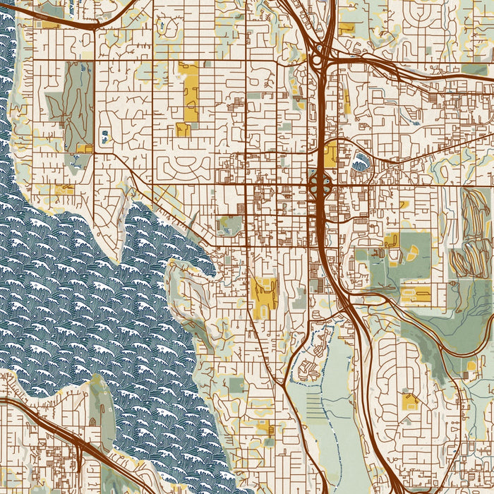 Bellevue Washington Map Print in Woodblock Style Zoomed In Close Up Showing Details